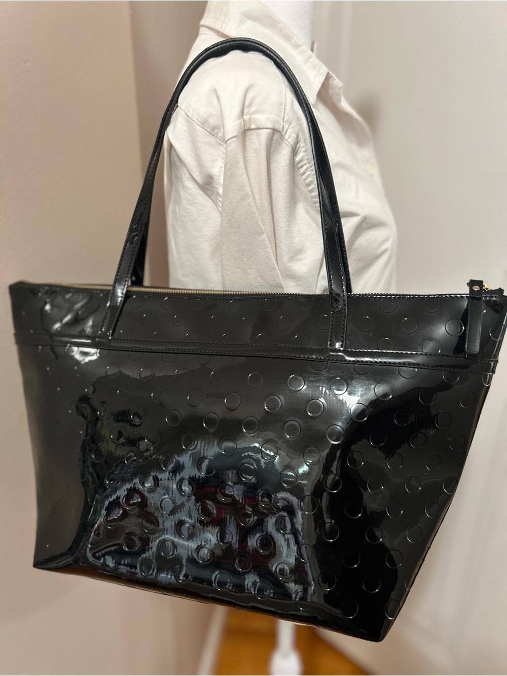 Kate Spade Black Patent Tote Bag with Polka Dot Texture - Picture 2 of 5
